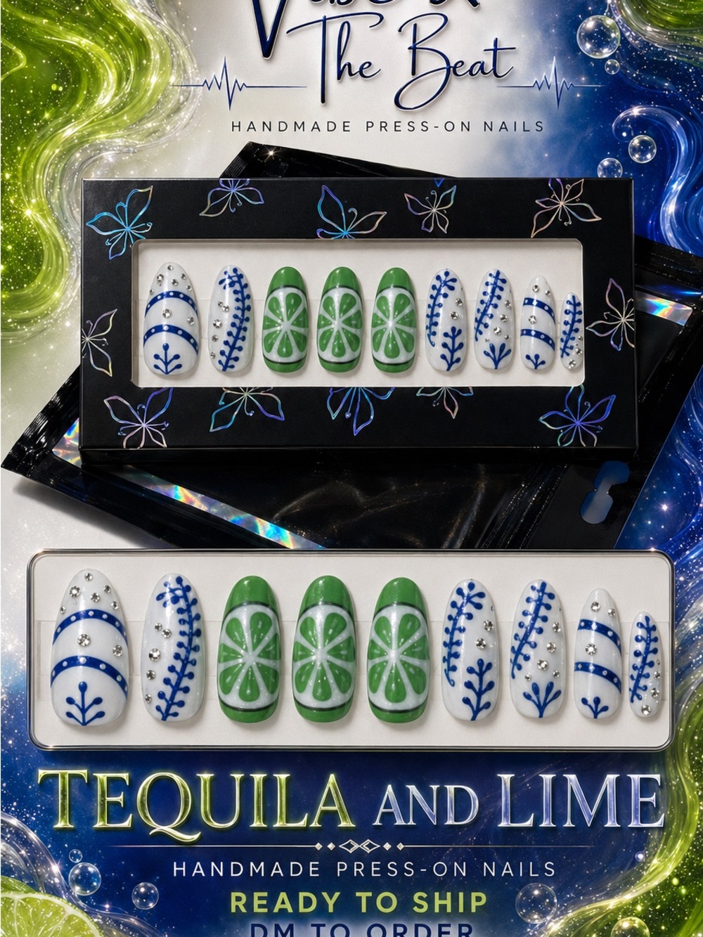 Tequila & Lime Handmade Press-On Nails โ Green & Blue Lime Motif
